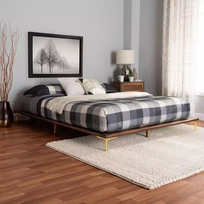 Baxton Studio Channary Mid-Century Modern Transitional Walnut Brown Finished Wood and Gold Metal Bed Frame