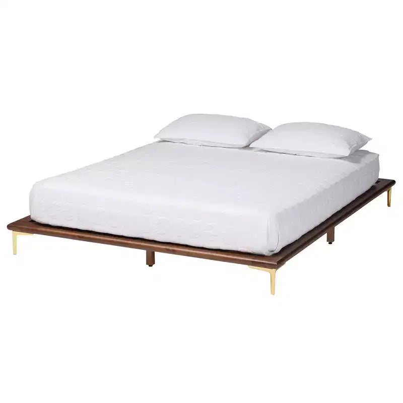 Baxton Studio Channary Mid-Century Modern Transitional Walnut Brown Finished Wood and Gold Metal Bed Frame