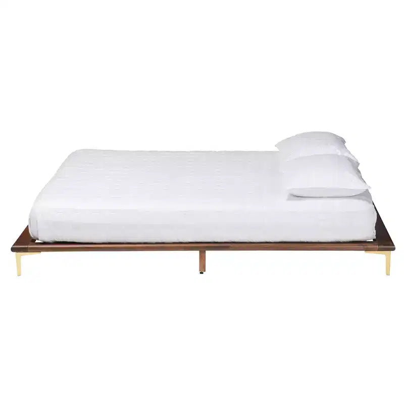 Baxton Studio Channary Mid-Century Modern Transitional Walnut Brown Finished Wood and Gold Metal Bed Frame