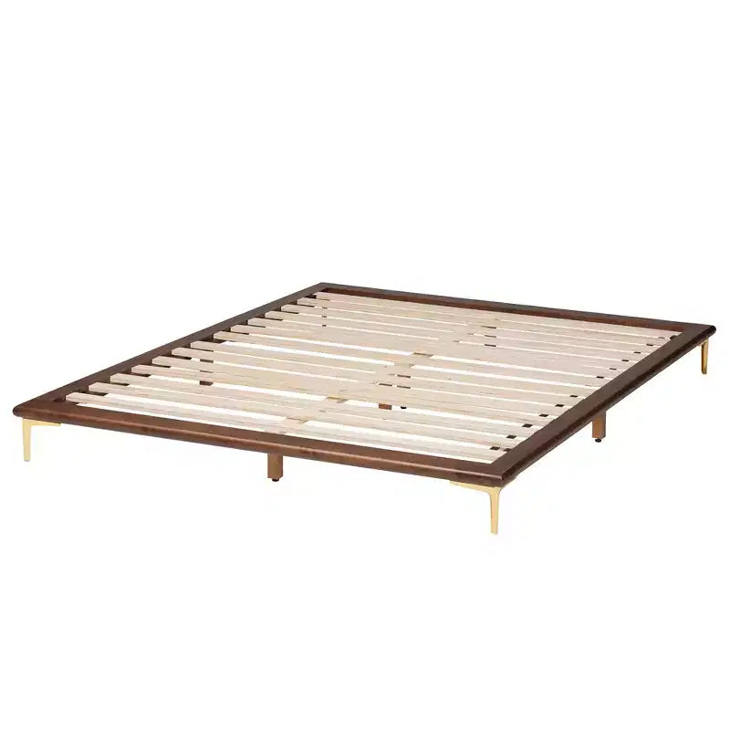 Baxton Studio Channary Mid-Century Modern Transitional Walnut Brown Finished Wood and Gold Metal Bed Frame