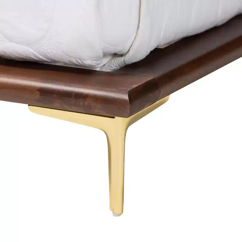 Baxton Studio Channary Mid-Century Modern Transitional Walnut Brown Finished Wood and Gold Metal Bed Frame