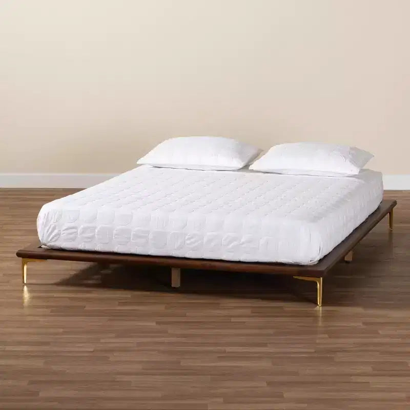 Baxton Studio Channary Mid-Century Modern Transitional Walnut Brown Finished Wood and Gold Metal Bed Frame