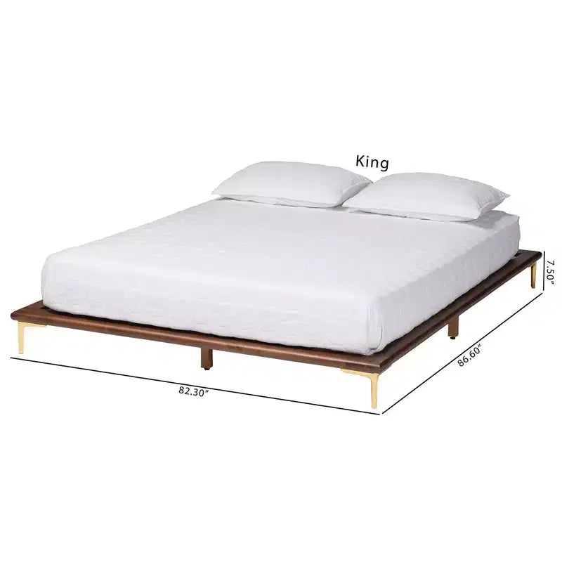 Baxton Studio Channary Mid-Century Modern Transitional Walnut Brown Finished Wood and Gold Metal Bed Frame