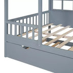 Twin/Full Size Wood House Bed, Wooden Platform Bed with Twin Size Trundle, White/Gray, 4L -ModernLuxe