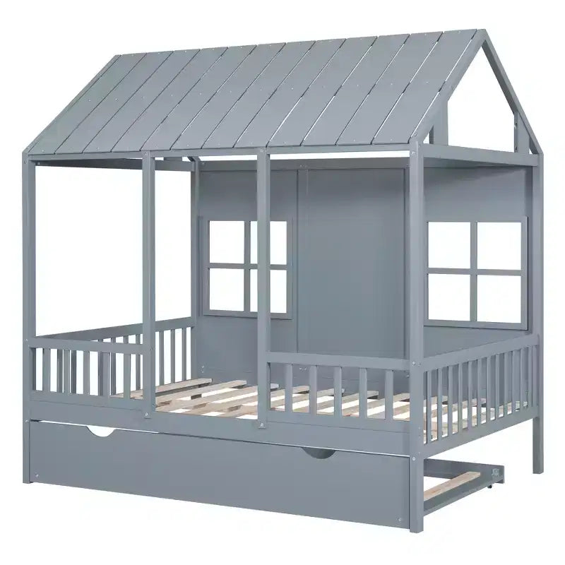 Twin/Full Size Wood House Bed, Wooden Platform Bed with Twin Size Trundle, White/Gray, 4L -ModernLuxe