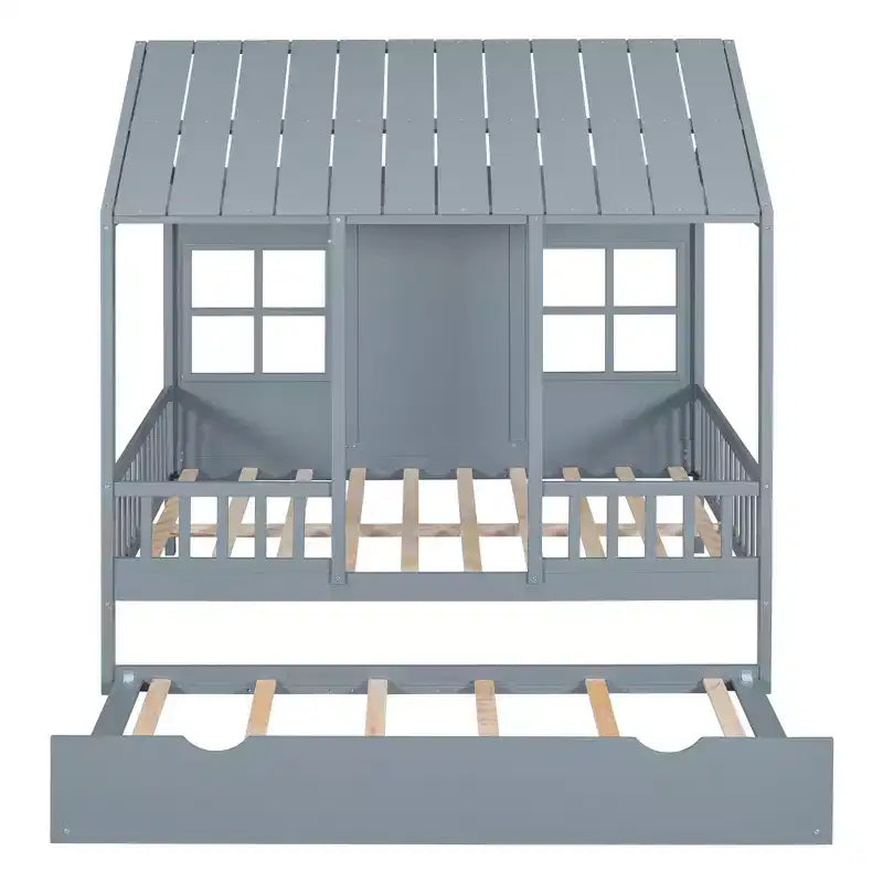 Twin/Full Size Wood House Bed, Wooden Platform Bed with Twin Size Trundle, White/Gray, 4L -ModernLuxe