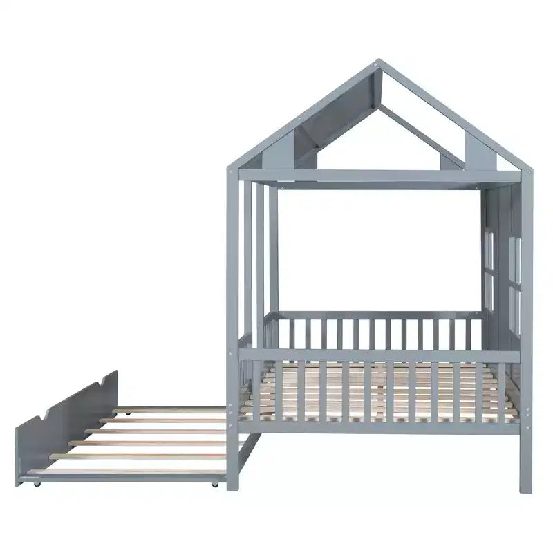 Twin/Full Size Wood House Bed, Wooden Platform Bed with Twin Size Trundle, White/Gray, 4L -ModernLuxe