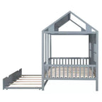 Twin/Full Size Wood House Bed, Wooden Platform Bed with Twin Size Trundle, White/Gray, 4L -ModernLuxe
