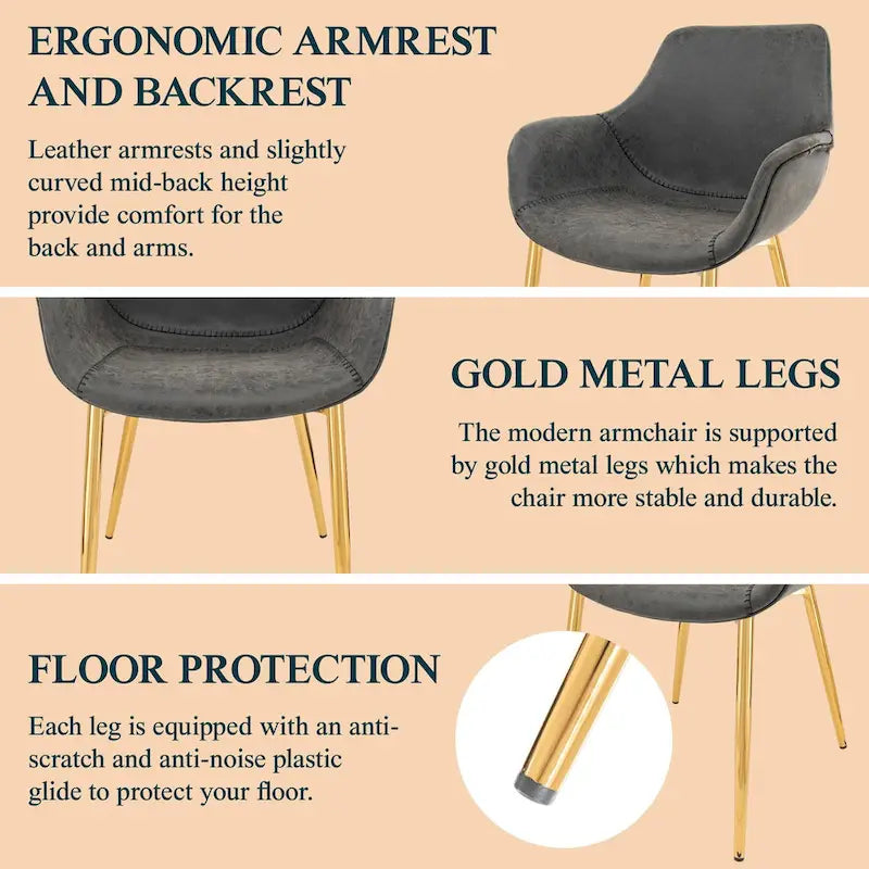 LeisureMod Dining Arm Chair w/ Gold Metal Legs Set of 2 - Light Brown - 24.5Dx25.2Wx33H