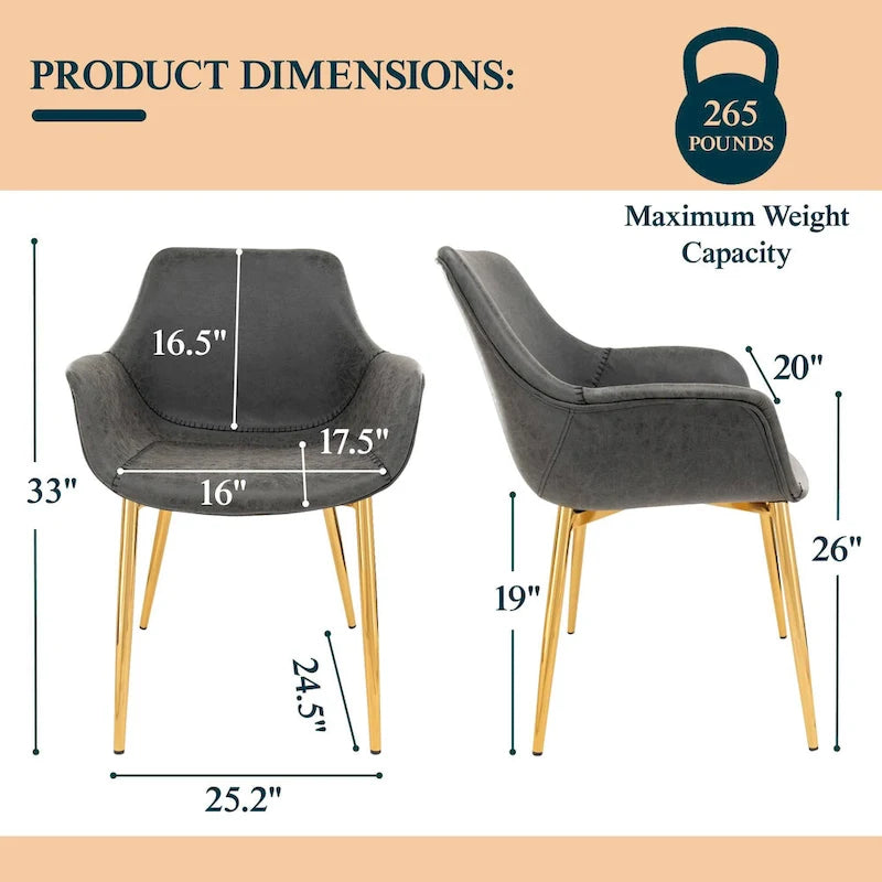 LeisureMod Dining Arm Chair w/ Gold Metal Legs Set of 2 - Light Brown - 24.5Dx25.2Wx33H