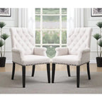 Rolled Back Design Button Tufted Beige Dining Arm Chair with Nailhead Trim