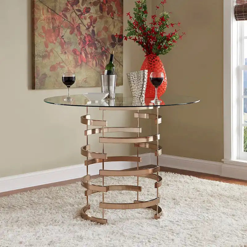 Set da pranzo Nova con piano tondo in vetro e base in ferro Vortex, 5 pezzi, altezza bancone, di iNSPIRE Q Bold