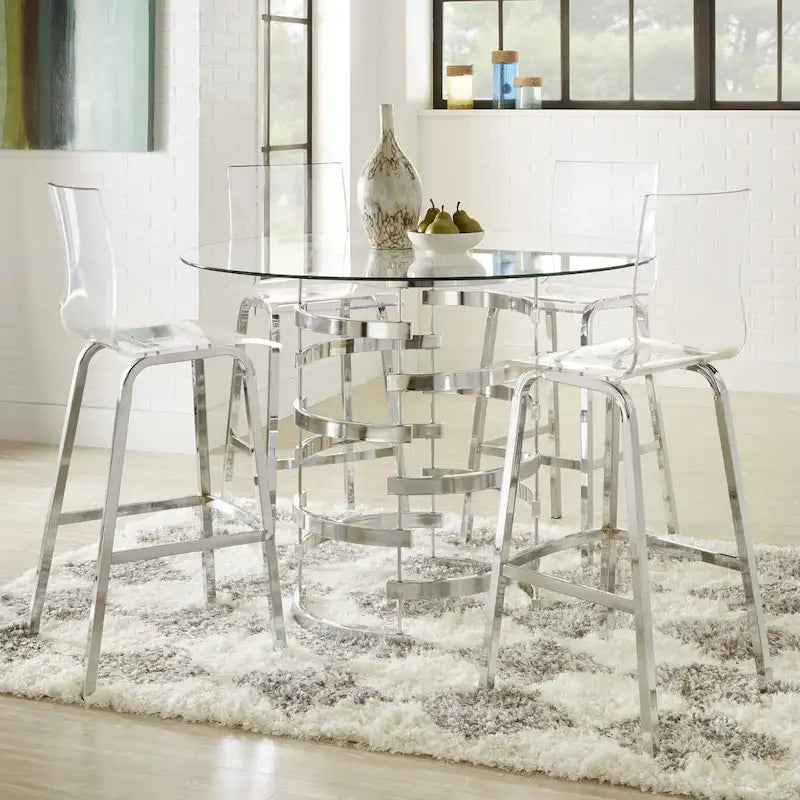 Set da pranzo Nova con piano tondo in vetro e base in ferro Vortex, 5 pezzi, altezza bancone, di iNSPIRE Q Bold
