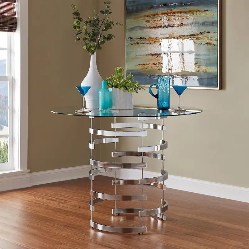Set da pranzo Nova con piano tondo in vetro e base in ferro Vortex, 5 pezzi, altezza bancone, di iNSPIRE Q Bold