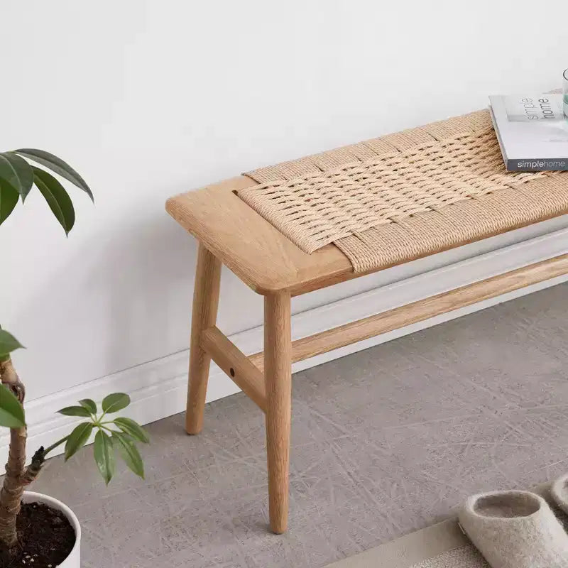 Woven Bench, Solid Oak Wood Dining Room Bench w/Rustic, Hand Woven Design, Long Bench Kitchen Bench for Dining Room Bedroom Entryway Bathroom