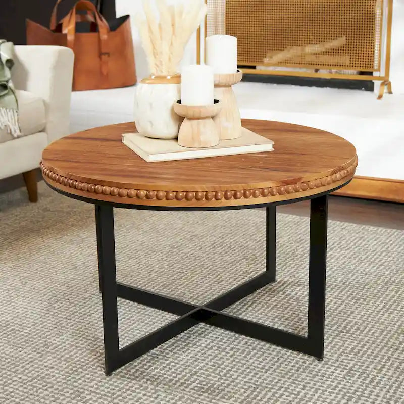 Tavolino da Caffè con Perle di Legno e Base a X in Metallo - Marrone - Roche River Decor - 30Lx30Px16H