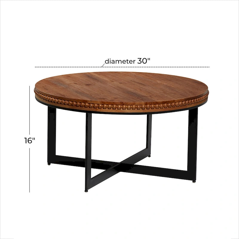 Wood Beaded Coffee Table with Metal X-Shaped Base - Brown - Roche River Decor - 30Wx30Lx16H