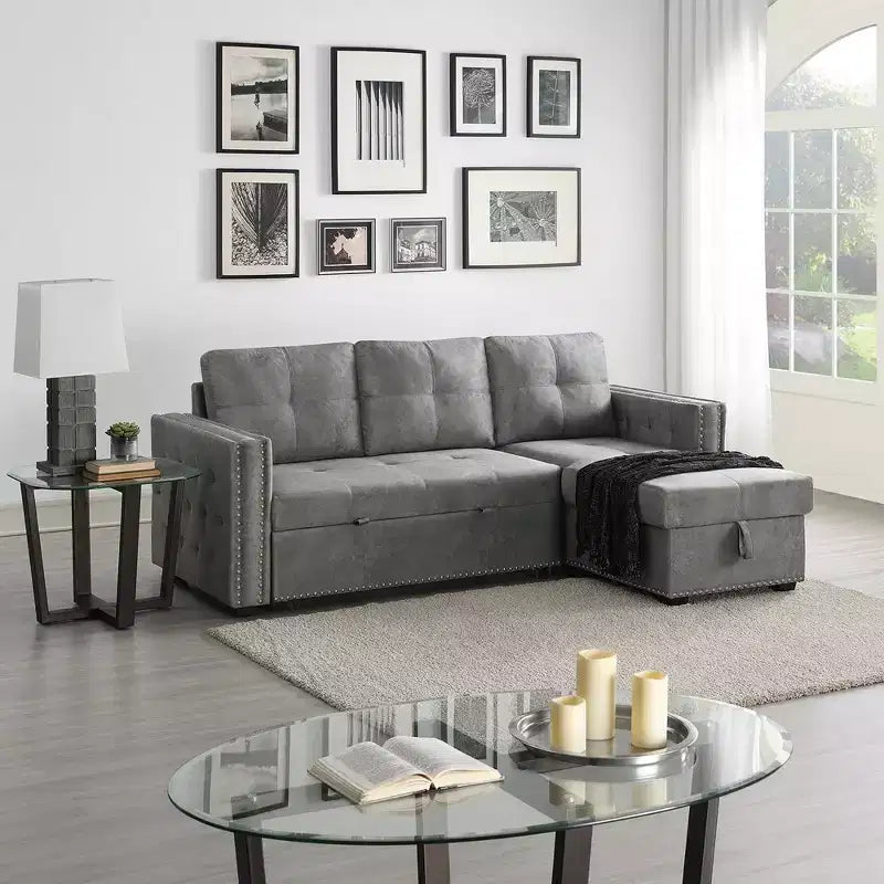 Velvet Sectional Sleeper Sofa Bed Button Tufted Couch with Reversible Storage Chaise - Morden Fort