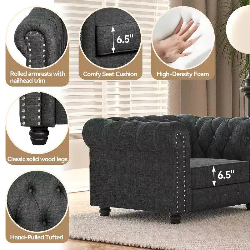 Divani Chesterfield a 3 posti in lino da 6 posti, set divano, poltrona, divanetto, divano trapuntato per soggiorno - Morden Fort