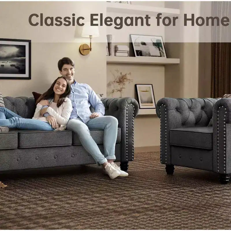 Divani Chesterfield a 3 posti in lino da 6 posti, set divano, poltrona, divanetto, divano trapuntato per soggiorno - Morden Fort