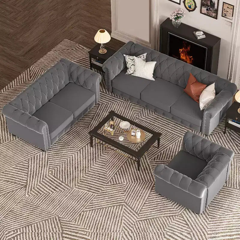 Divani Chesterfield a 3 posti in lino da 6 posti, set divano, poltrona, divanetto, divano trapuntato per soggiorno - Morden Fort
