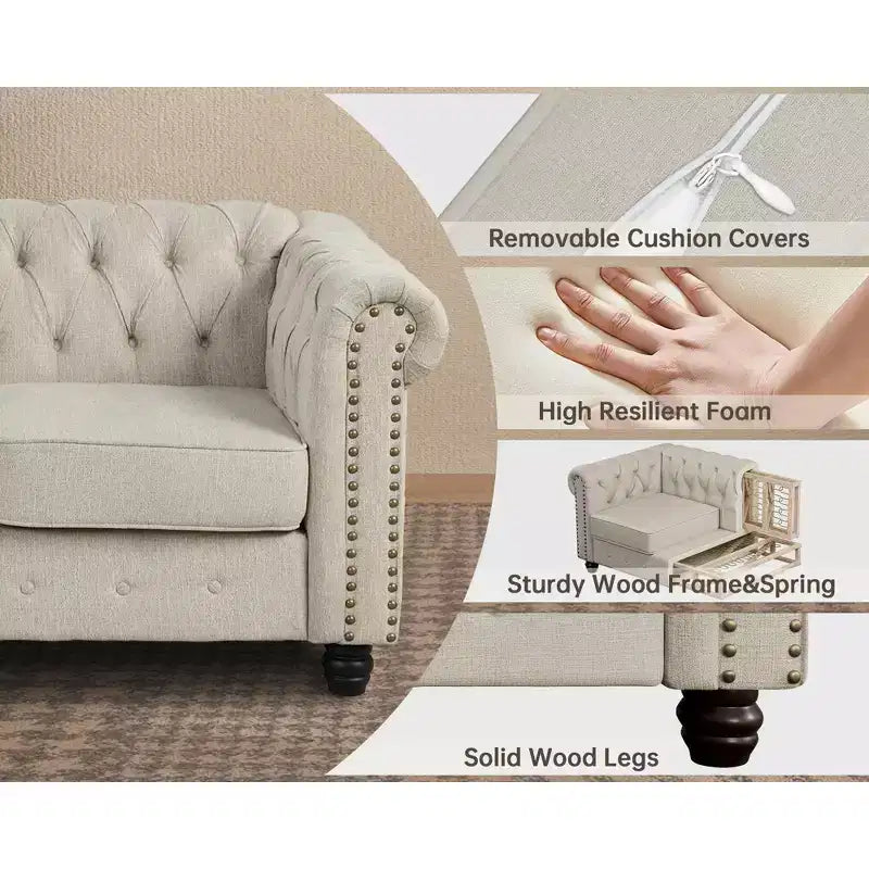 Divani Chesterfield a 3 posti in lino da 6 posti, set divano, poltrona, divanetto, divano trapuntato per soggiorno - Morden Fort