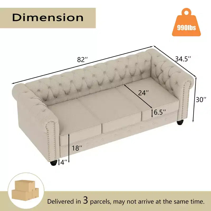 Divani Chesterfield a 3 posti in lino da 6 posti, set divano, poltrona, divanetto, divano trapuntato per soggiorno - Morden Fort