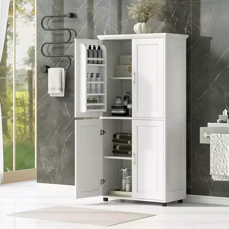 Tall Bathroom Storage Cabinets, Bathroom Floor Cabinet With 4 Doors, Adjustable Shelves, Free Standing Kitchen Pantry
