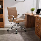 LeisureMod Benmar Ribbed Leather Office Chair - Mid-Century Modern Swivel & Tilt Executive Desk Chair - Chrome Base