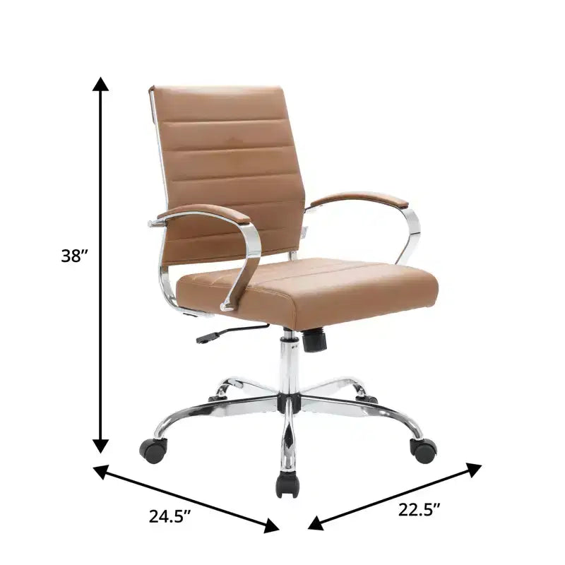 LeisureMod Benmar Ribbed Leather Office Chair - Mid-Century Modern Swivel & Tilt Executive Desk Chair - Chrome Base