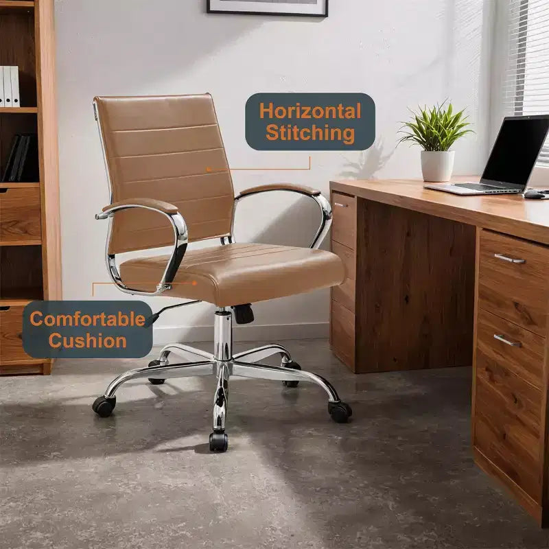 LeisureMod Benmar Ribbed Leather Office Chair - Mid-Century Modern Swivel & Tilt Executive Desk Chair - Chrome Base