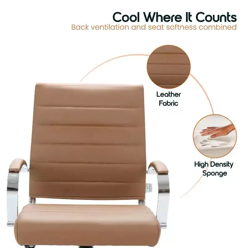 LeisureMod Benmar Ribbed Leather Office Chair - Mid-Century Modern Swivel & Tilt Executive Desk Chair - Chrome Base