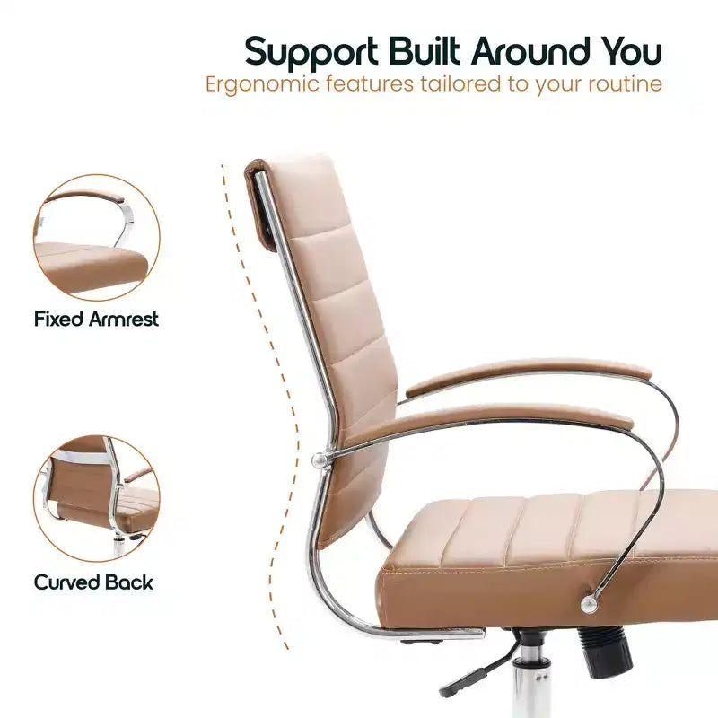 LeisureMod Benmar Ribbed Leather Office Chair - Mid-Century Modern Swivel & Tilt Executive Desk Chair - Chrome Base