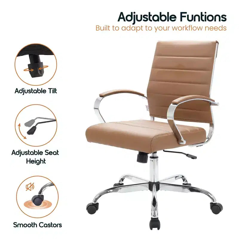 LeisureMod Benmar Ribbed Leather Office Chair - Mid-Century Modern Swivel & Tilt Executive Desk Chair - Chrome Base