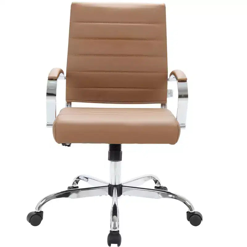 LeisureMod Benmar Ribbed Leather Office Chair - Mid-Century Modern Swivel & Tilt Executive Desk Chair - Chrome Base