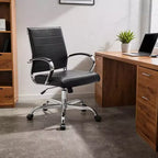 LeisureMod Benmar Ribbed Leather Office Chair - Mid-Century Modern Swivel & Tilt Executive Desk Chair - Chrome Base
