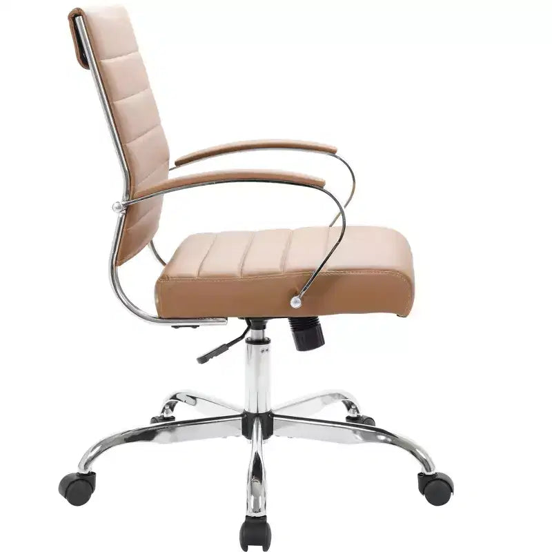 LeisureMod Benmar Ribbed Leather Office Chair - Mid-Century Modern Swivel & Tilt Executive Desk Chair - Chrome Base