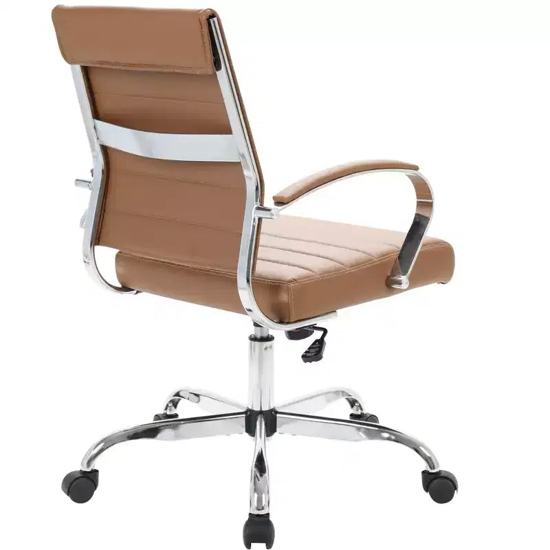 LeisureMod Benmar Ribbed Leather Office Chair - Mid-Century Modern Swivel & Tilt Executive Desk Chair - Chrome Base