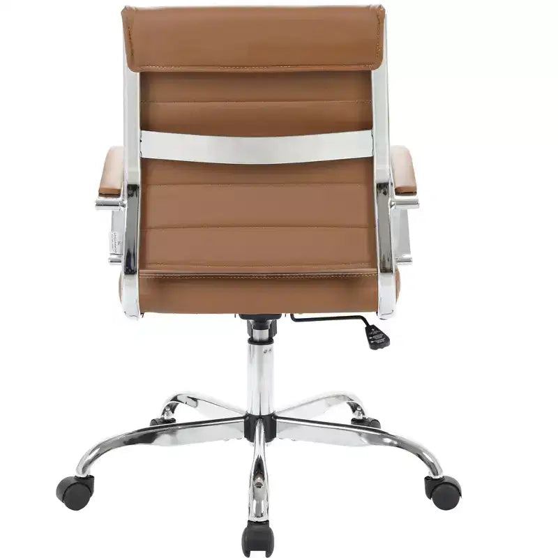 LeisureMod Benmar Ribbed Leather Office Chair - Mid-Century Modern Swivel & Tilt Executive Desk Chair - Chrome Base