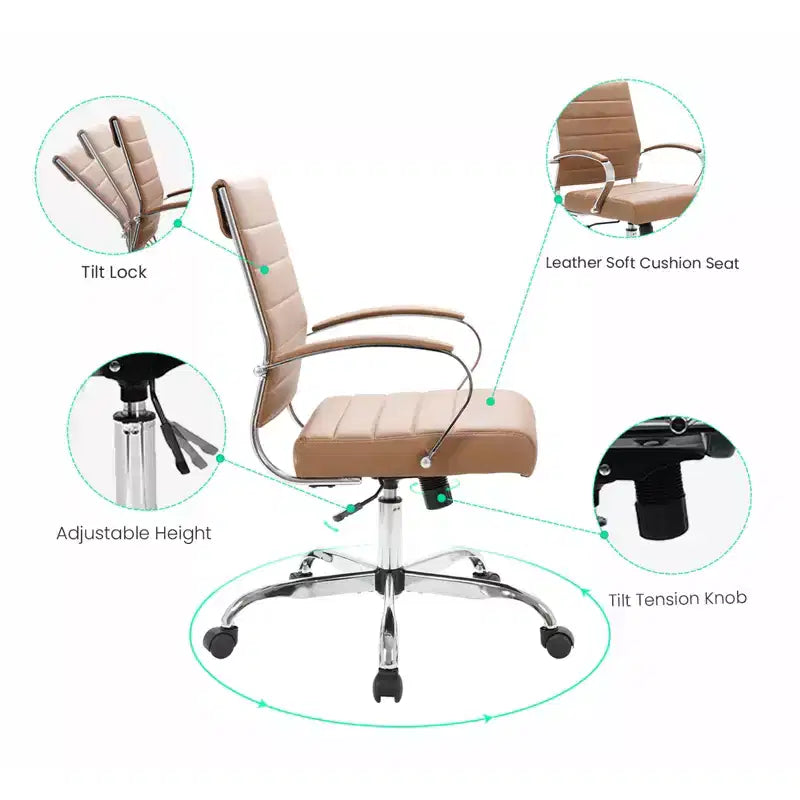 LeisureMod Benmar Ribbed Leather Office Chair - Mid-Century Modern Swivel & Tilt Executive Desk Chair - Chrome Base