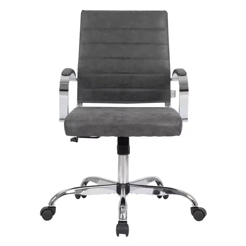 LeisureMod Benmar Ribbed Leather Office Chair - Mid-Century Modern Swivel & Tilt Executive Desk Chair - Chrome Base