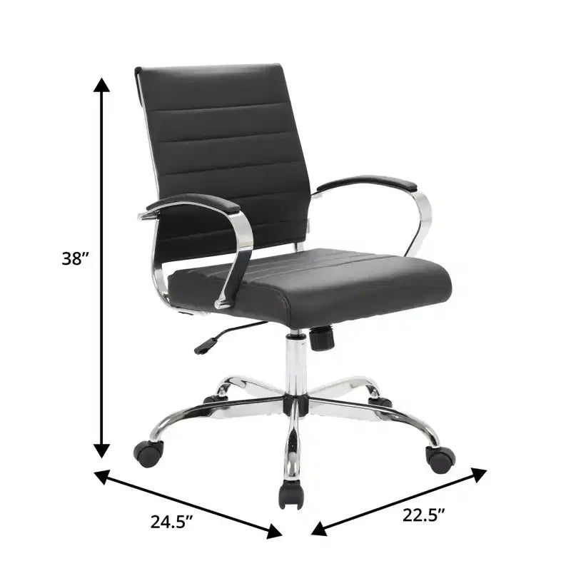 LeisureMod Benmar Ribbed Leather Office Chair - Mid-Century Modern Swivel & Tilt Executive Desk Chair - Chrome Base