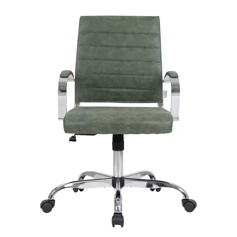 LeisureMod Benmar Ribbed Leather Office Chair - Mid-Century Modern Swivel & Tilt Executive Desk Chair - Chrome Base