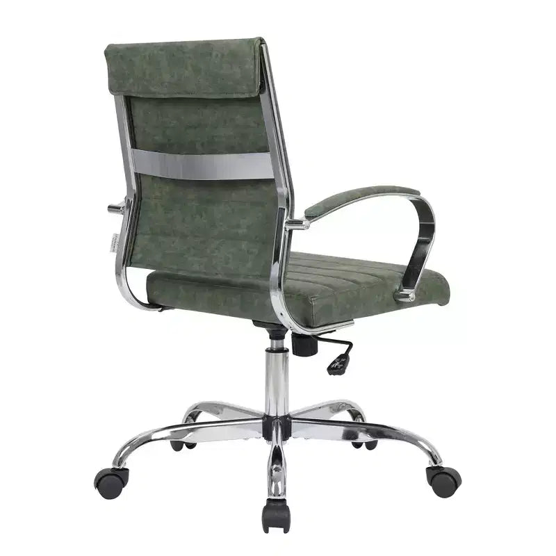 LeisureMod Benmar Ribbed Leather Office Chair - Mid-Century Modern Swivel & Tilt Executive Desk Chair - Chrome Base