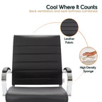 LeisureMod Benmar Ribbed Leather Office Chair - Mid-Century Modern Swivel & Tilt Executive Desk Chair - Chrome Base