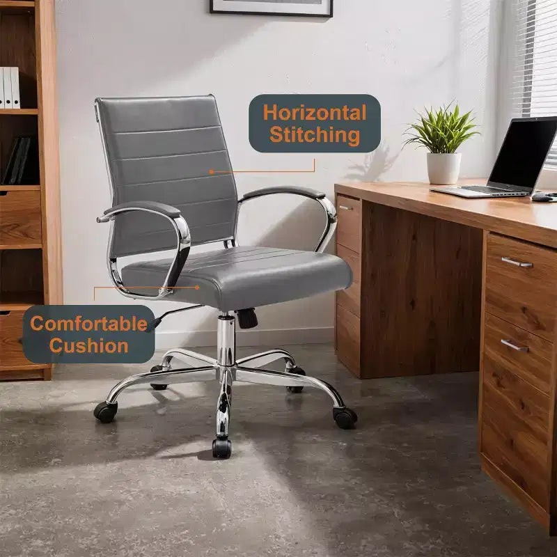 LeisureMod Benmar Ribbed Leather Office Chair - Mid-Century Modern Swivel & Tilt Executive Desk Chair - Chrome Base