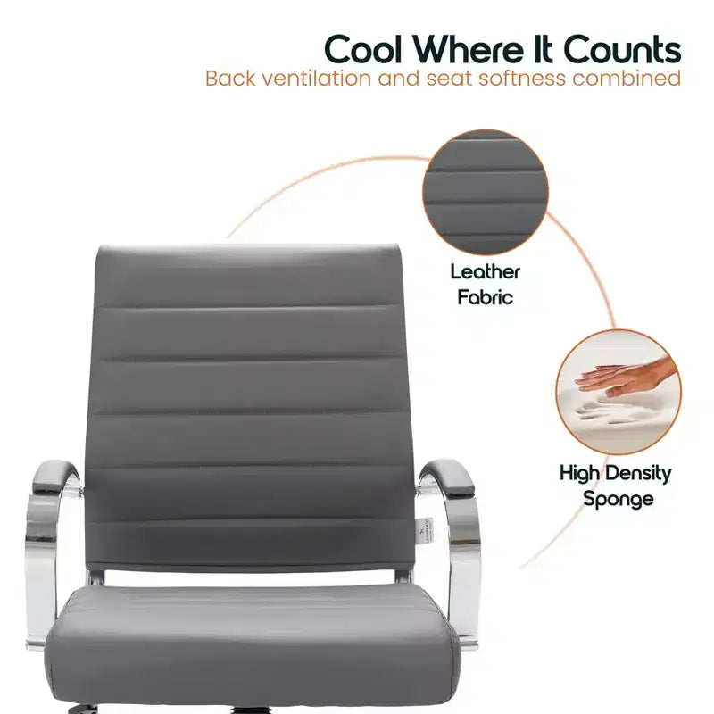 LeisureMod Benmar Ribbed Leather Office Chair - Mid-Century Modern Swivel & Tilt Executive Desk Chair - Chrome Base