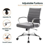 LeisureMod Benmar Ribbed Leather Office Chair - Mid-Century Modern Swivel & Tilt Executive Desk Chair - Chrome Base