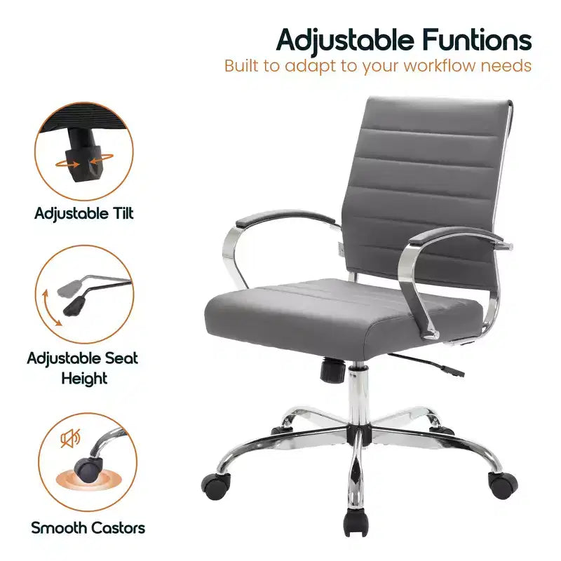 LeisureMod Benmar Ribbed Leather Office Chair - Mid-Century Modern Swivel & Tilt Executive Desk Chair - Chrome Base