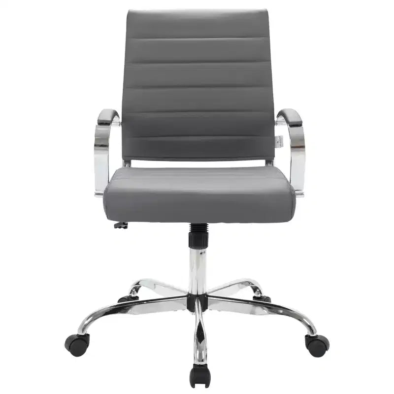 LeisureMod Benmar Ribbed Leather Office Chair - Mid-Century Modern Swivel & Tilt Executive Desk Chair - Chrome Base